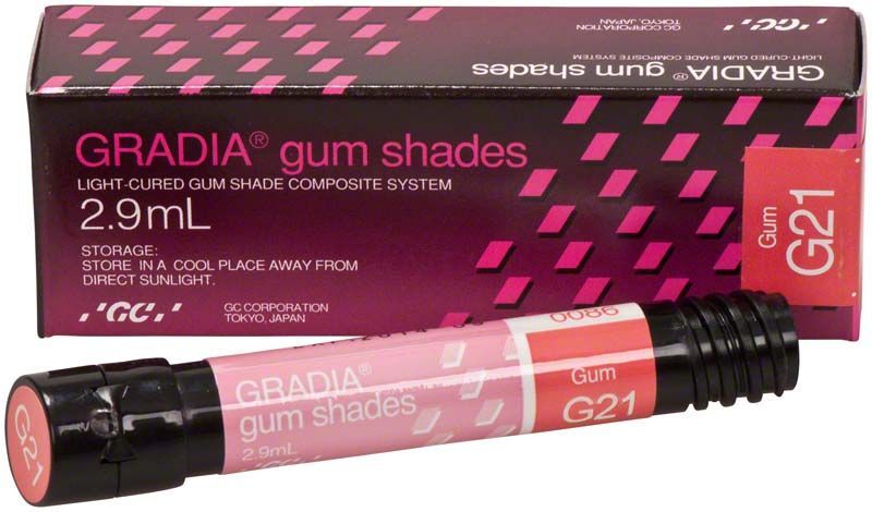 GRADIA Gum G21 Verblendkunststoffsystem mit Verpackung und Produktansicht.