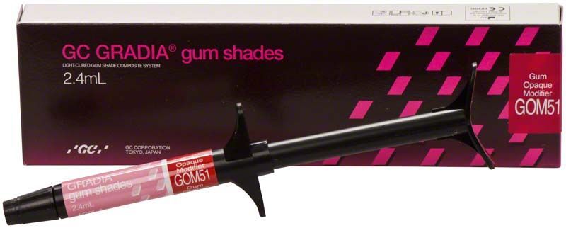 Gradia Gum Opaque Modifier GOM51 in Spritzenform vor Verpackung.