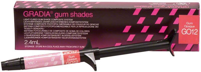 Gradia Gum Opaque GO12 Spritze und Verpackung in rosa und schwarz.