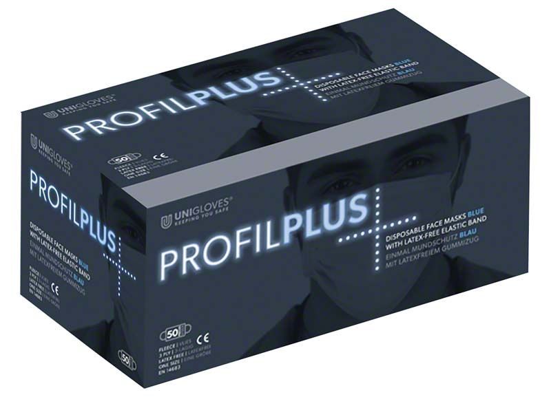 Verpackung des PROFIL PLUS OP-Mundschutzes in Blau mit CE-Zertifizierung.
