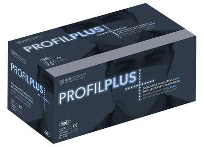 Verpackung des PROFIL PLUS OP-Mundschutzes in Blau mit CE-Zertifizierung.