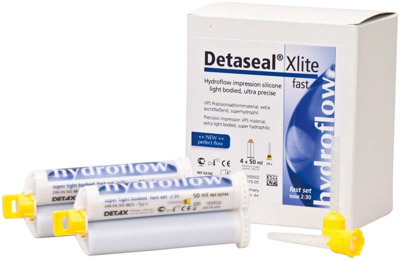 Detaseal hydroflow Xlite Kartuschen-Set, 4 x 50ml, mit Verpackung und Zubehör.