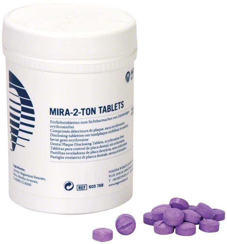 Mira-2-Ton® Tabletten 250er Dose mit lila Plaquefärbetabletten.