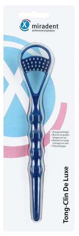 Blauer Tong-Clin® De Luxe Zungenreiniger mit Borstenfeld und ergonomischem Griff in Verpackung.
