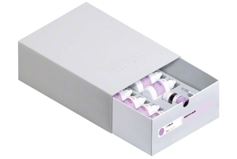 VITAVM®CC BASIC KIT mit fünf Farben im geöffneten Karton.