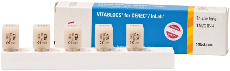 VITABLOCS® TriLuxe forte CAD/CAM-Blöcke für dentale Restaurationen in Verpackung.