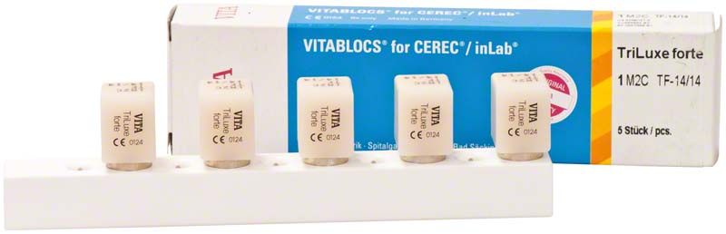 VITABLOCS® TriLuxe forte Blöcke für CEREC/inLab mit Verpackung.