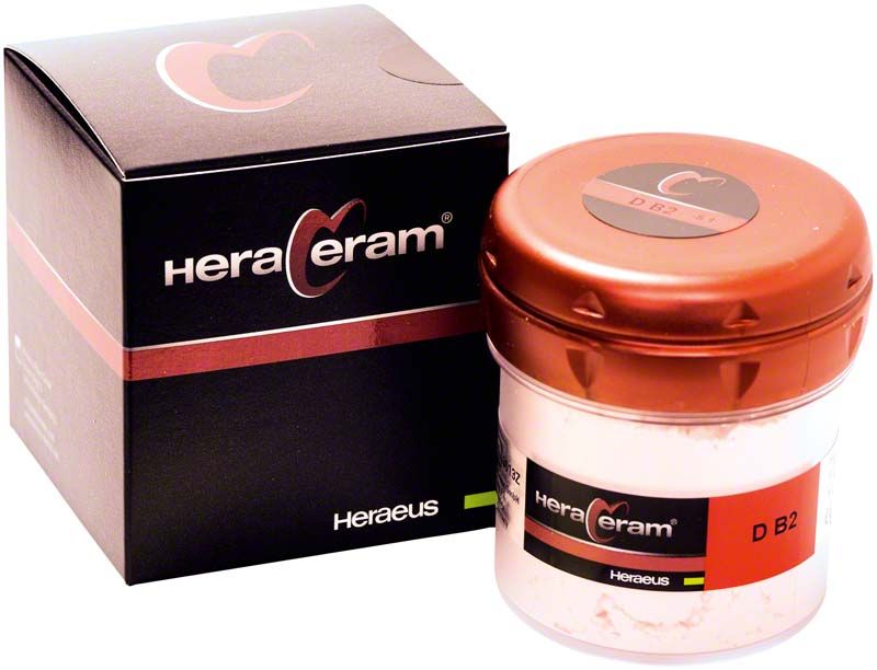 HeraCeram® Dentin 100g DB2 in braunem Kunststoffbehälter neben Verpackung.