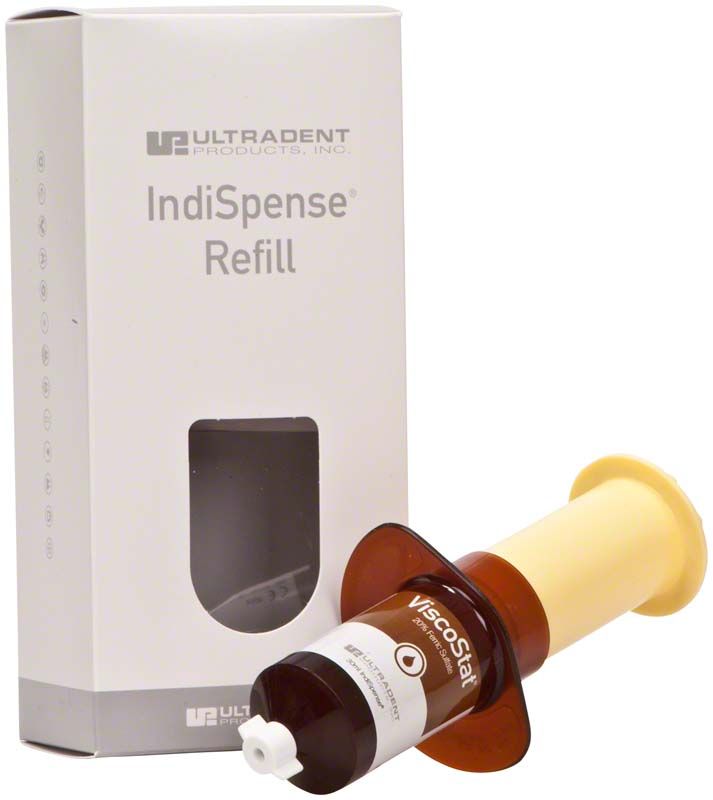 ViscoStat Refill IndiSpense Spritze vor weißer Verpackung mit Sichtfenster.