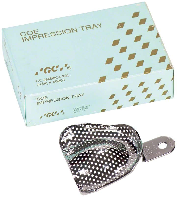 Metall-Löffel für Zahnabdrücke vor Verpackung mit COE-Aufdruck.