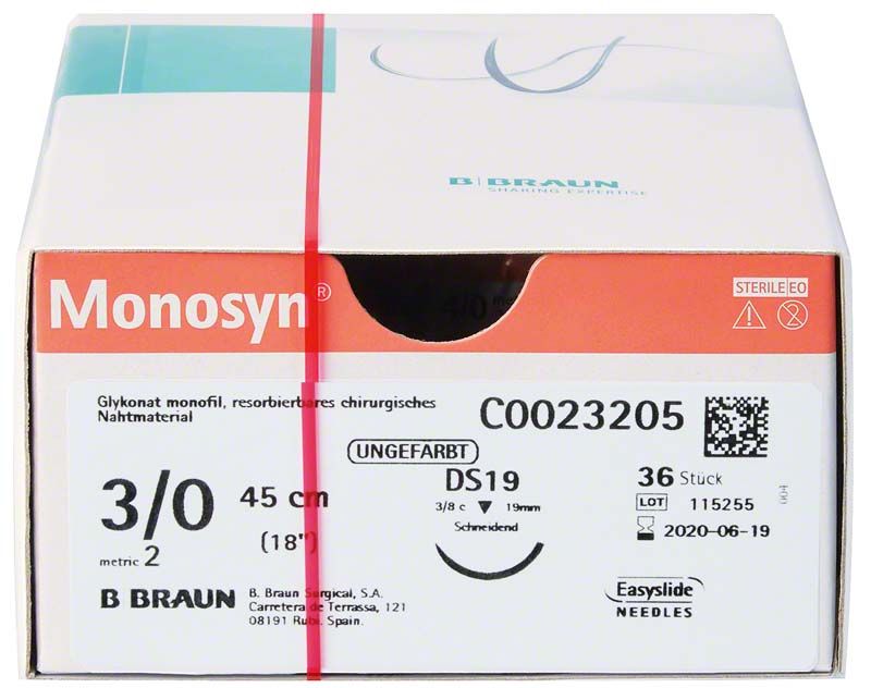 Monosyn® Nahtmaterial-Verpackung mit Produktinformationen und B. Braun-Logo.
