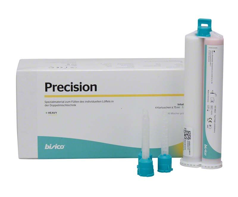 Verpackung und Kartusche des dentalen Füllmaterials "Precision" von bisico.