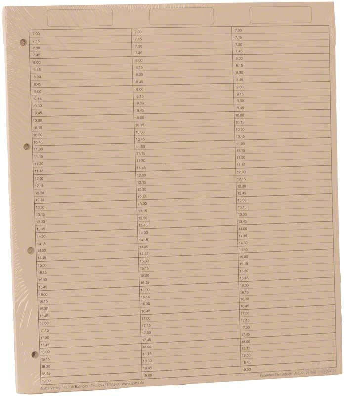 Terminbucheinlage mit drei Spalten, verstärkt, 7-19 Uhr Zeiteinteilung.