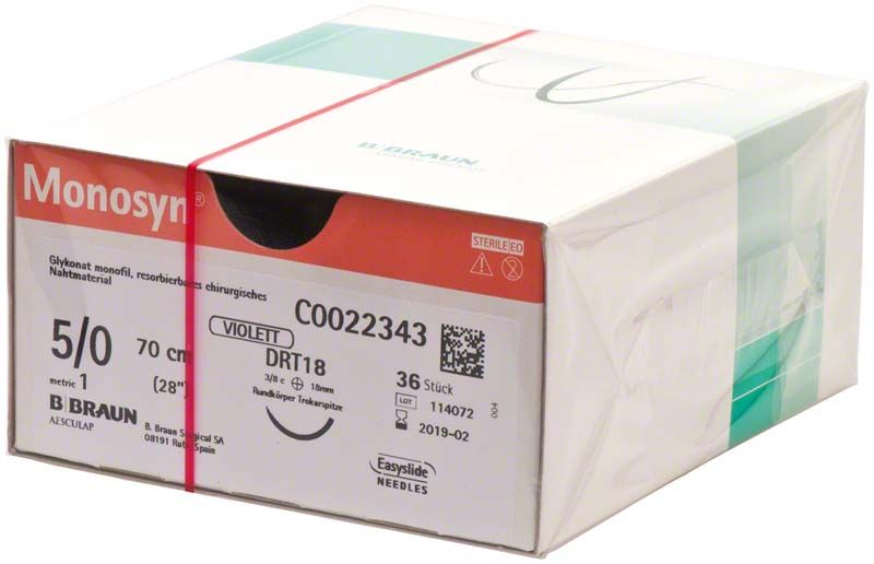 Monosyn® chirurgisches Nahtmaterial 5/0, 70 cm, violett, steril verpackt.