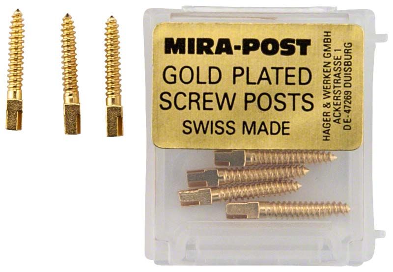 Vergoldete Schraubpfosten Mirapost® L5 in Kunststoffverpackung, 12 Stück.
