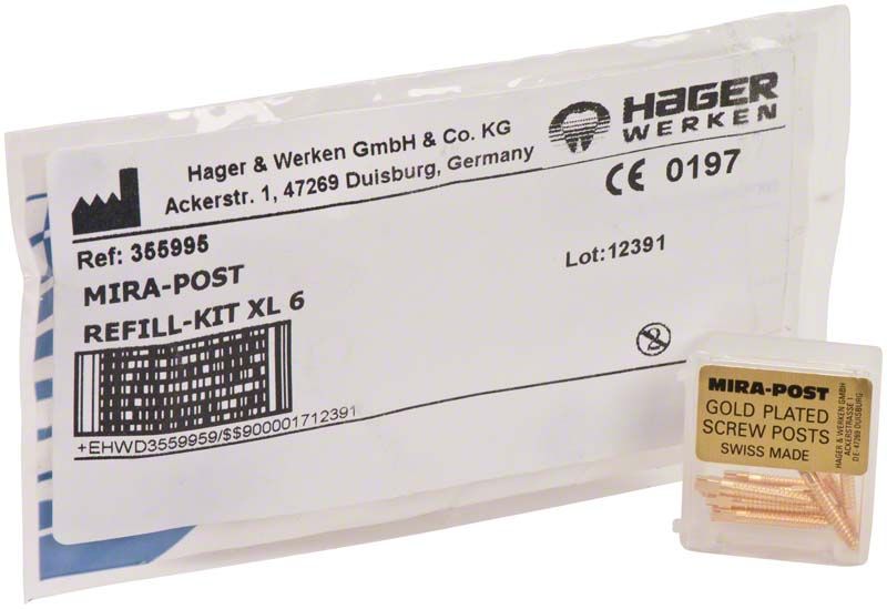 Mirapost® vergoldet XL6 Refill-Kit mit Schraubenstiften in Verpackung.