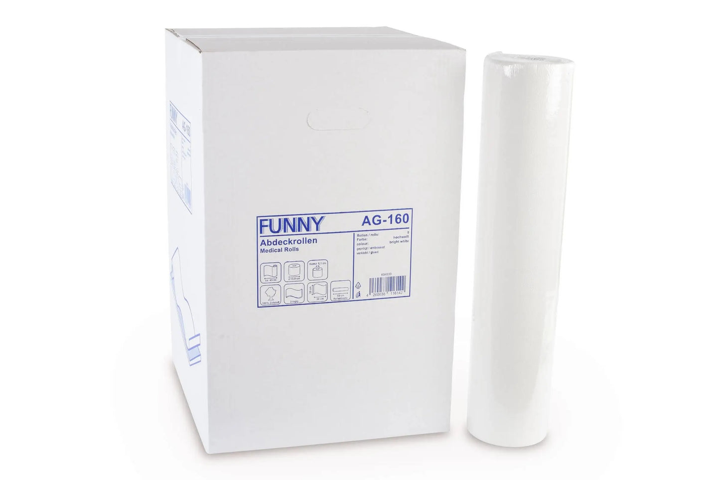 Ärzterolle neben weißer Verpackung mit Produktinformationen.
