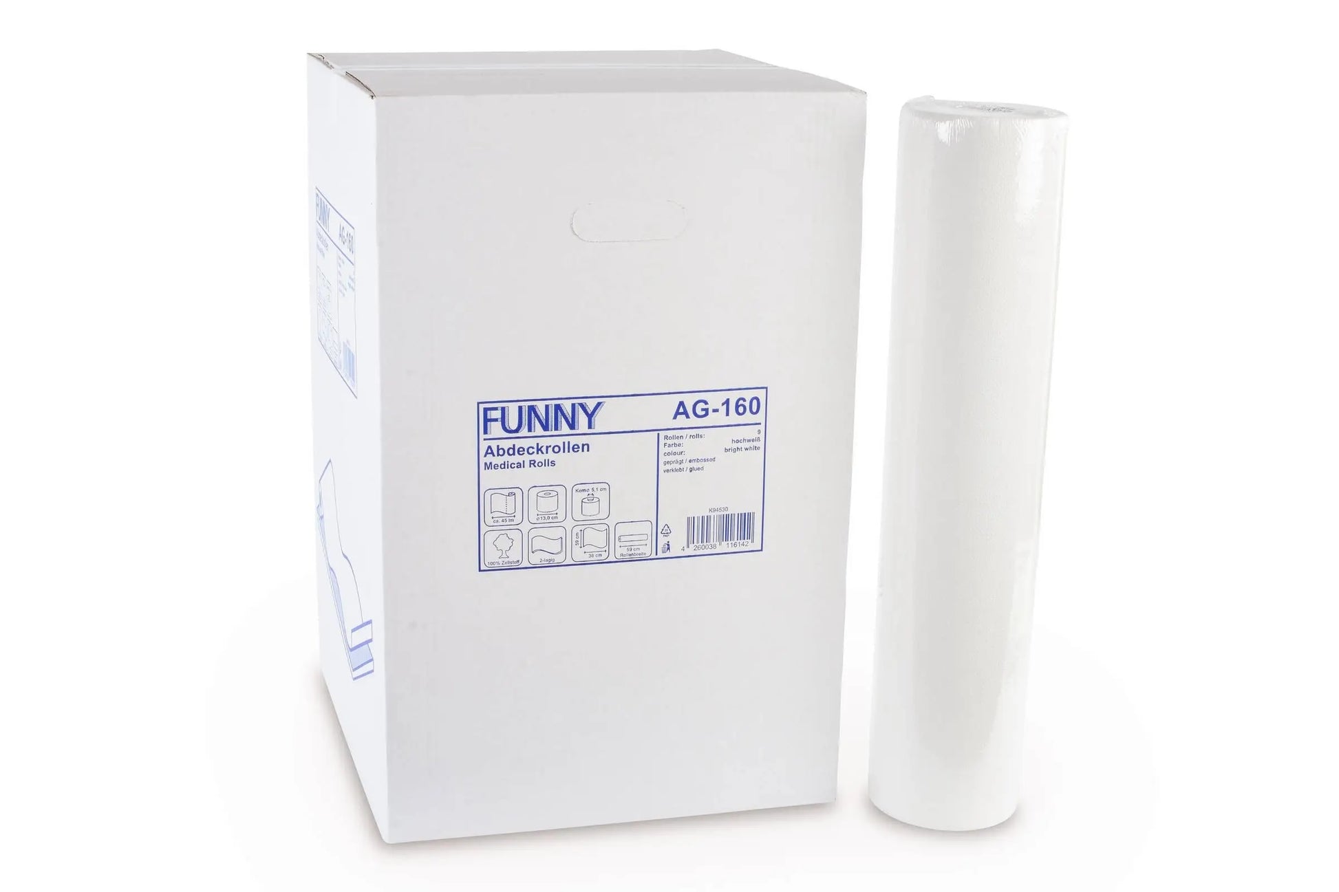 Ärzterolle neben weißer Verpackung mit Produktinformationen.