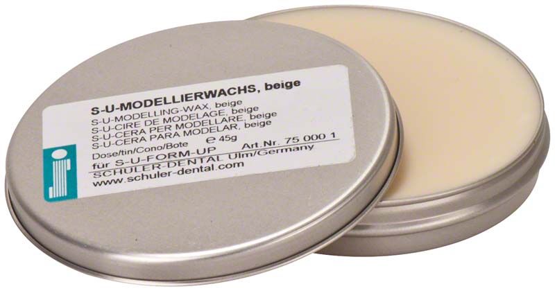 Metalldose mit S-U-Form-Up Modellierwachs, beige, geöffneter Deckel.