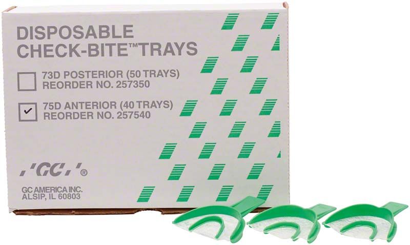 Einweg-Check-Bite-Trays für Frontzähne mit grünen Haltegriffen.