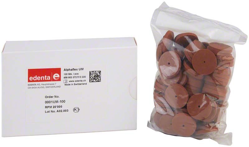 Alphaflex Polierer braun unmontiert 100er Scheibe neben Verpackung.
