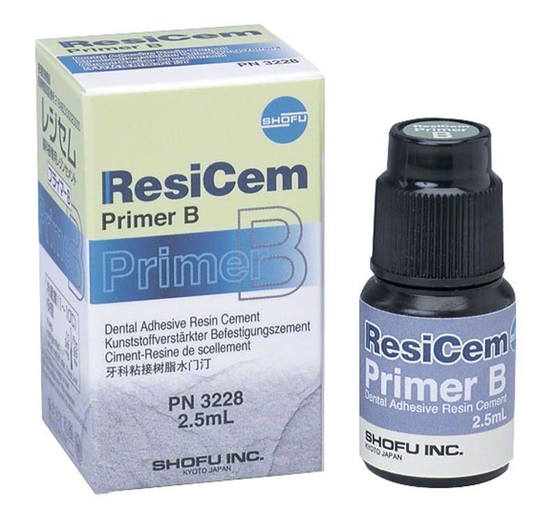 ResiCem Primer B Fläschchen neben Verpackung mit Produktinformationen.