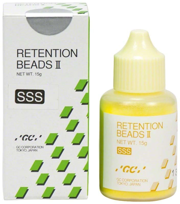 Retention Beads II SSS Flasche neben Verpackung mit Text und Logo.