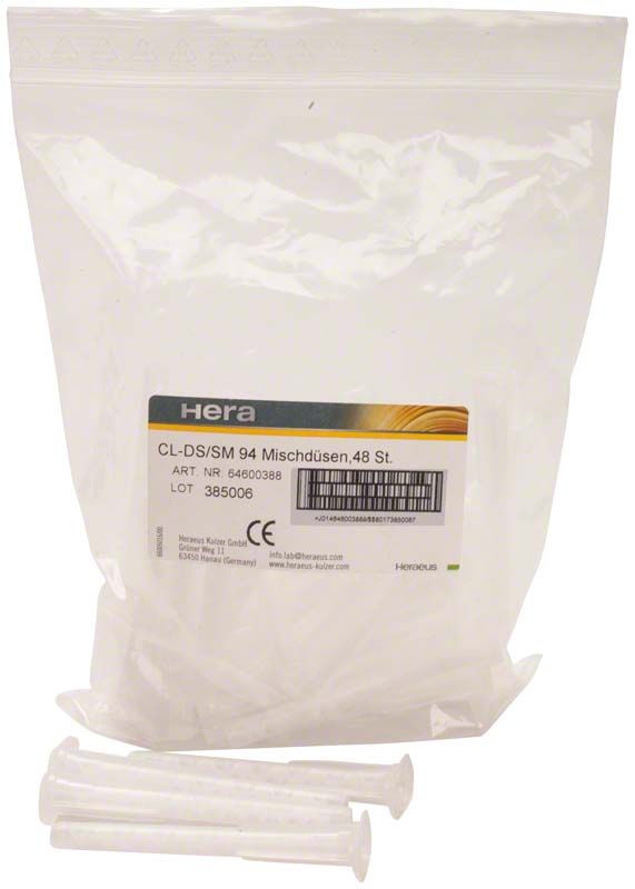 Transparente Mischkanülen in einer Plastiktüte mit Etikett "Hera" und Artikelnummer.