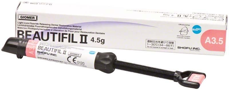 Beautifil II Spritze A3,5 für ästhetische Zahnfüllungen, mit Verpackung.