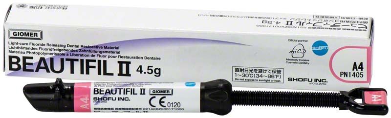 Beautifil II Spritze A4, lichthärtendes Dental-Composite mit Verpackung.