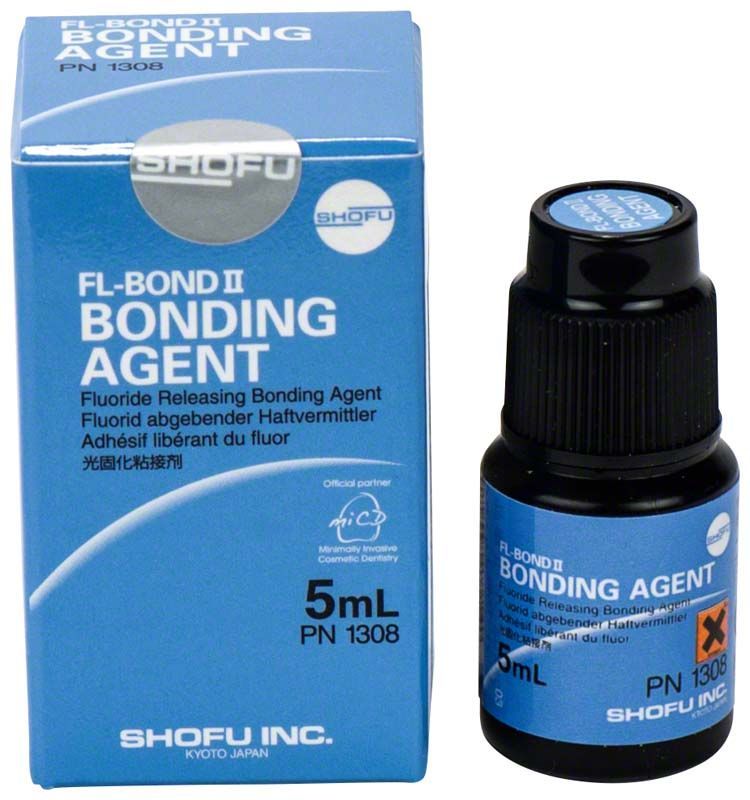 FL-Bond II Bonding Agent Flasche 5ml neben Verpackung.