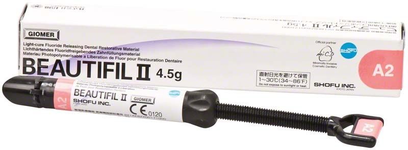 Beautifil II Spritze A2 mit Verpackung, lichthärtendes Composite-Füllungsmaterial.