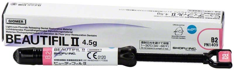Beautifil II Spritze B2 vor Verpackung mit Produktdetails.