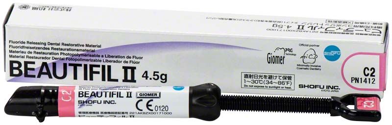 Beautifil II Spritze C2 mit Verpackung und Produktinformationen.