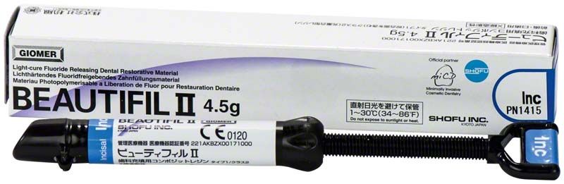 Lichthärtendes Composite-Füllungsmaterial Beautifil II Spritze mit Verpackung.