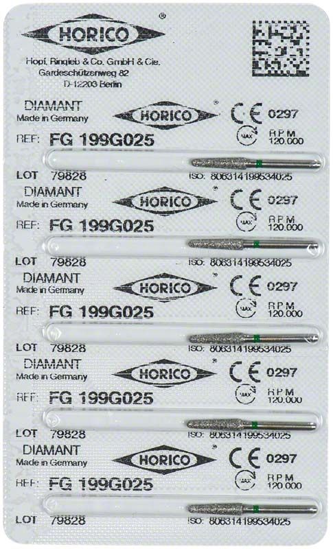 Diamantschleifer FG 199G 025 in Originalverpackung mit grünem Ring.