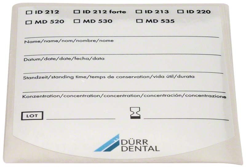 Selbstklebendes Hygobox-Etikett mit Beschriftungsfeldern und Dürr Dental-Logo.