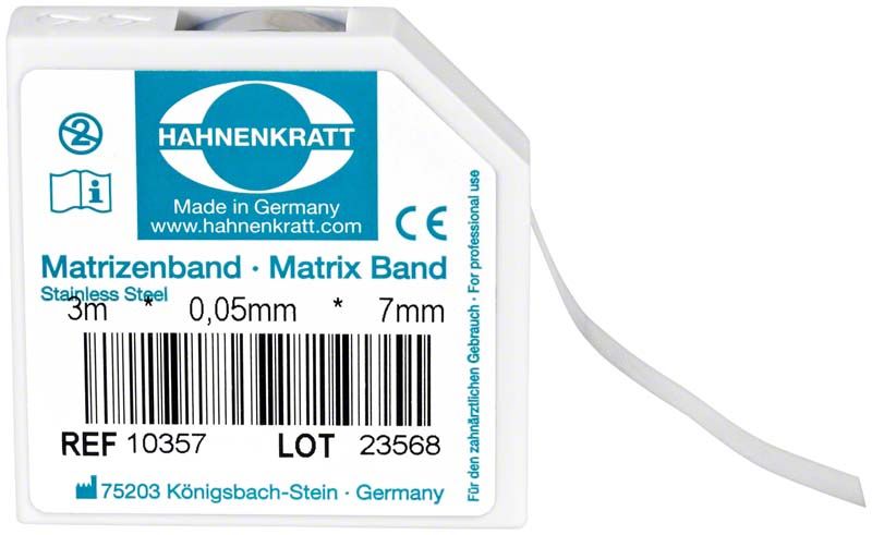 Matrizenbandspender mit sichtbarem Edelstahlband, 3m x 7mm, Stärke 0,05mm.
