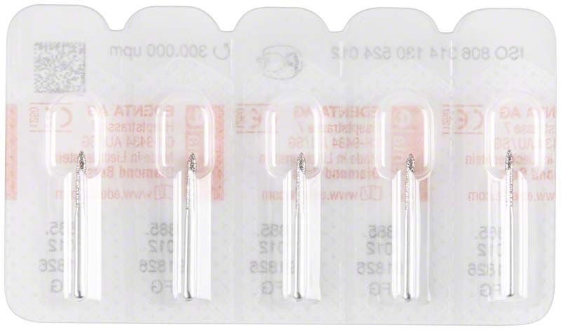 Blisterverpackung mit Diamantbohrern Typ FG 885 012 für zahnmedizinische Anwendungen.