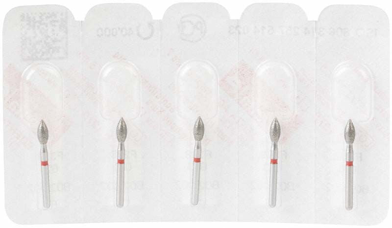 Diamantschleifer FG 368F 023 in Blisterverpackung, roter Ring, Knospenform.