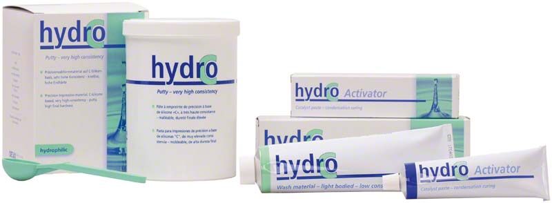 Hydro C Set mit Aktivator, Knetmasse und Waschmaterial in Verpackung.
