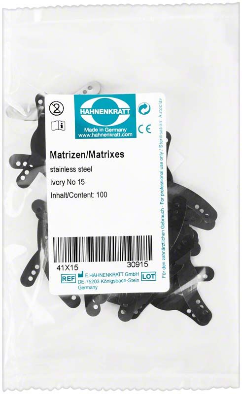 Matrizen Ivory 100er Packung aus rostfreiem Edelstahl für Dentalrestaurationen.