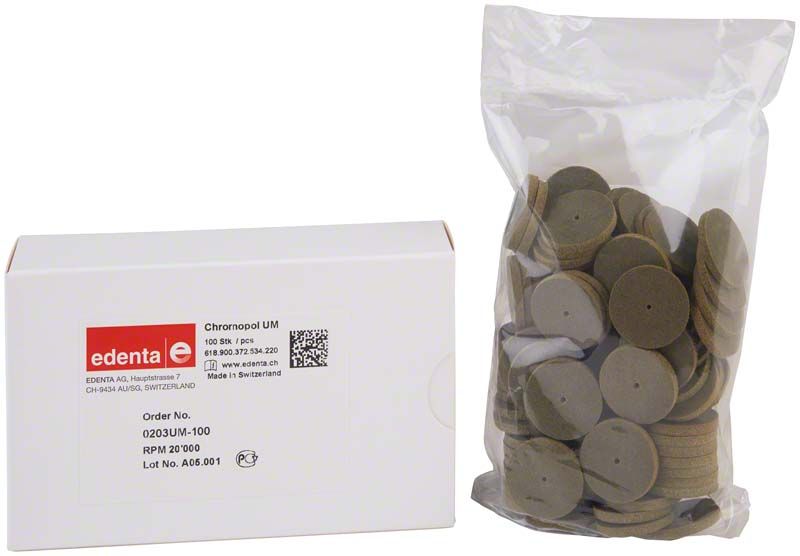 ChromoPol Polierer braun Rad mit grober Körnung in Verpackung.