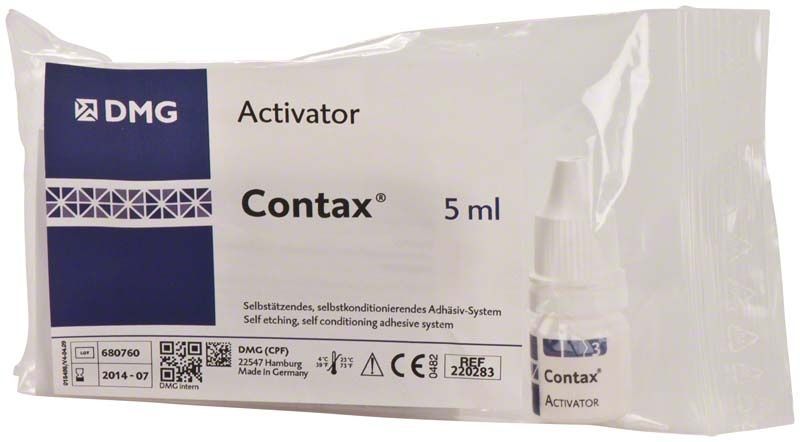 Selbstätzendes Adhäsivsystem Contax Activator 5 ml in Verpackung.
