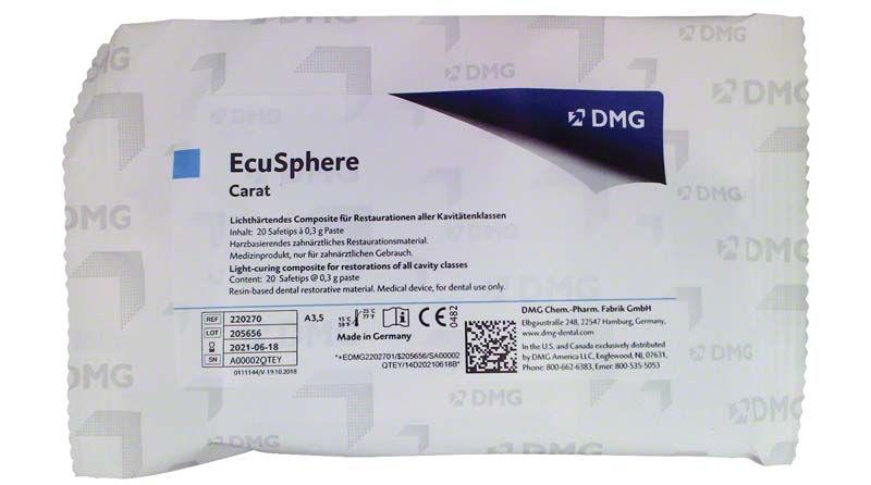 Ecusphere Carat Kapseln A3,5 in weiß-blauer Verpackung mit DMG-Logo.