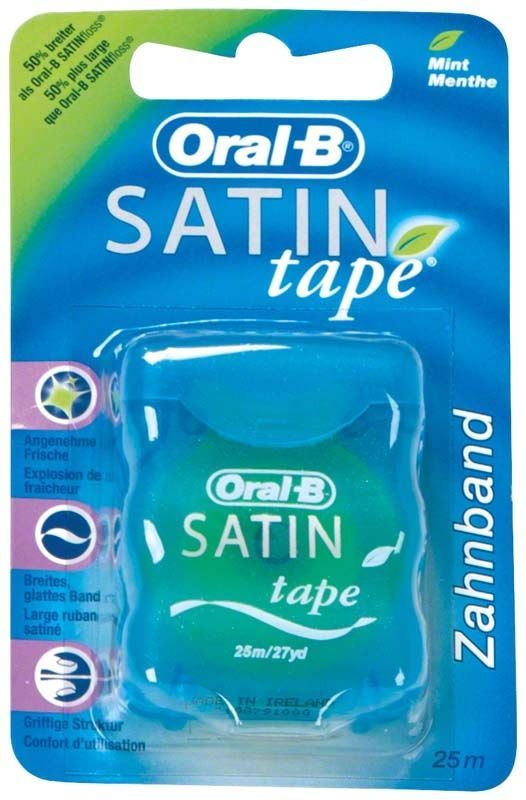 Oral-B Satintape Zahnseide in blauer Verpackung mit mintgrüner Aufschrift.
