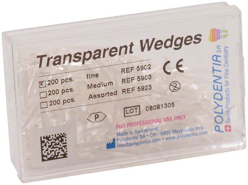 Interdentalkeile transparent in einer Kunststoffbox mit Produktdetails auf dem Etikett.
