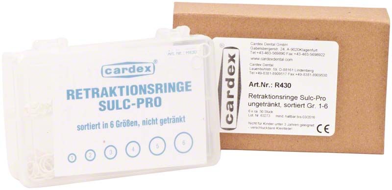 Retraktionsringe Sulc Pro Sortiment in transparenter Box mit Etikett.