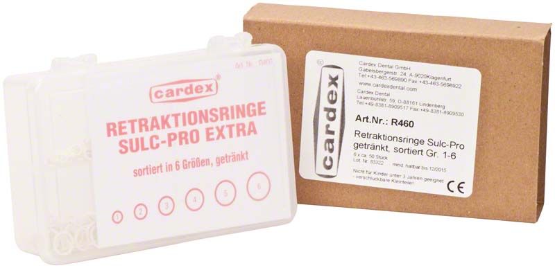Retraktionsringe cardex® SULC PRO EXTRA in Verpackung, Größe 1-6.