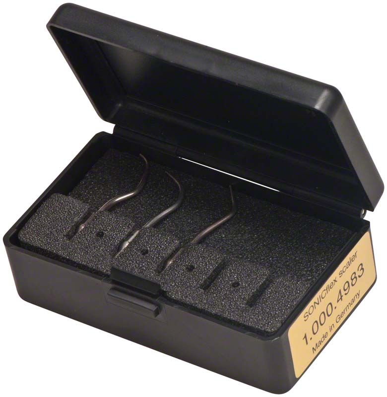 SONICflex scaler Spitzensatz in schwarzer Box mit vier Spitzenaufsätzen.